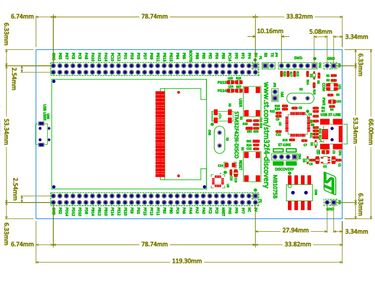 32F429IDISCOVERY board dimensions