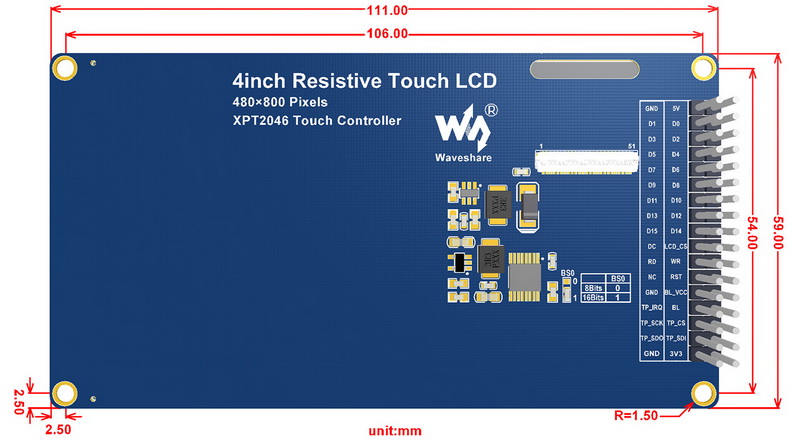 4inch Resistive Touch LCD external dimension
