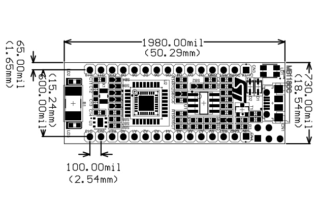 NUCLEO-F303K8 board dimensions