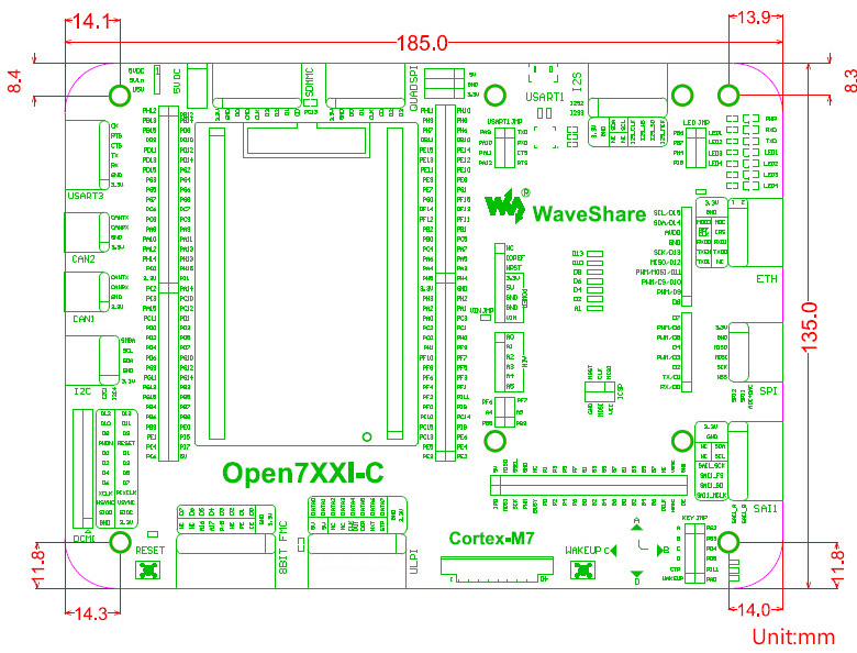 STM32 development board dimensions