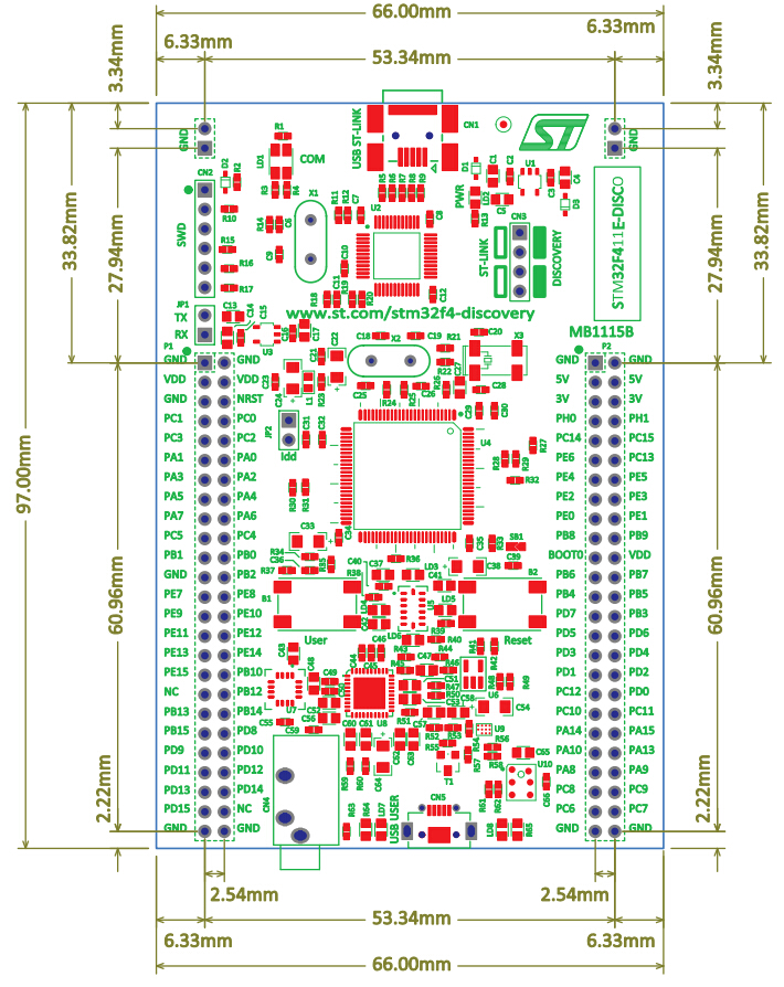 STM32F411E-DISCO board dimensions