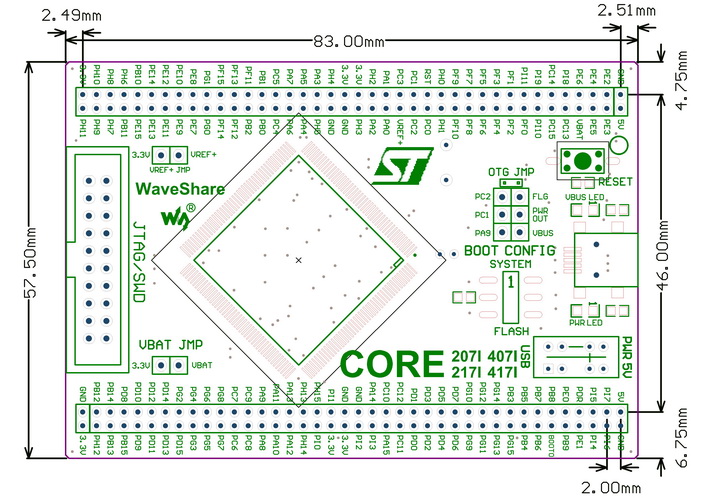 STM32 MCU core board dimensions