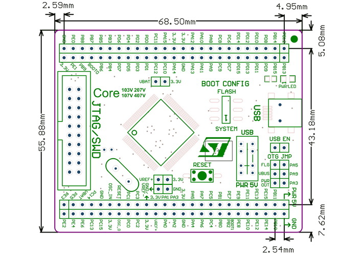 STM32 MCU core board dimensions