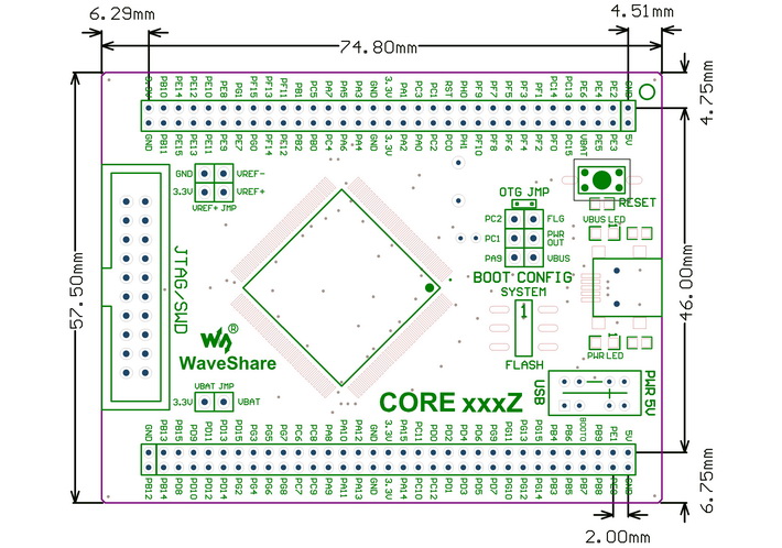 STM32 MCU core board dimensions