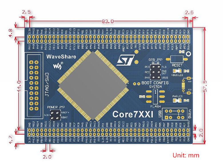 STM32 MCU core board dimensions