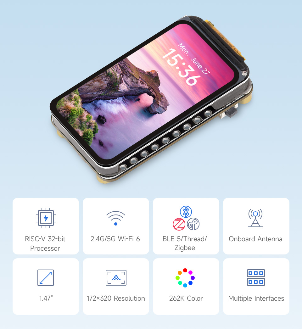 ESP32-C5 LCD 1.47, front view and features