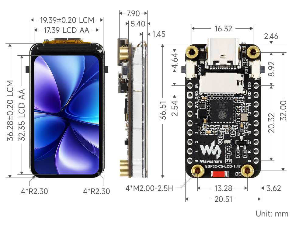 ESP32-C5 LCD 1.47, outline dimensions