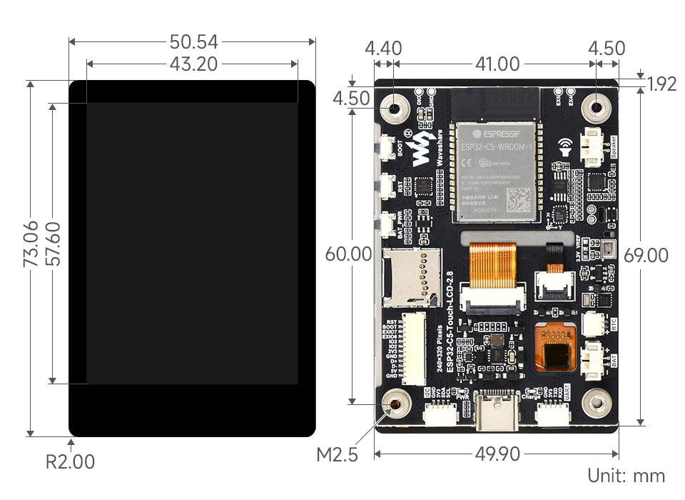 ESP32-C5 Touch LCD 2.8, outline dimensions