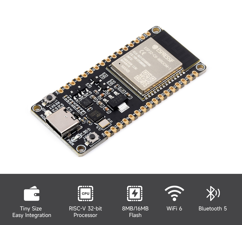 ESP32-C6 Microcontroller, WiFi 6 Development Board, 160MHz Single-core  Processor, ESP32-C6-WROOM-1-N8 Module, Supports USB And UART Development