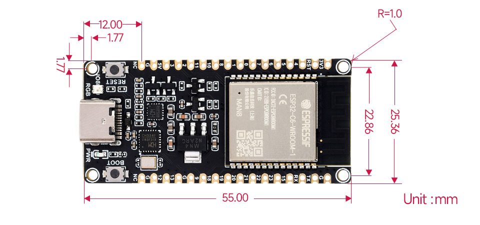 ESP32-C6 Microcontroller, WiFi 6 Development Board, 160MHz Single-core  Processor, ESP32-C6-WROOM-1-N8 Module, Supports USB And UART Development