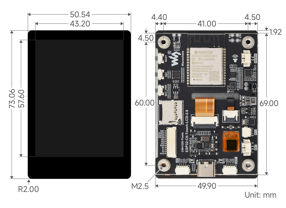 ESP32-C6 Touch LCD 2.8, outline dimensions