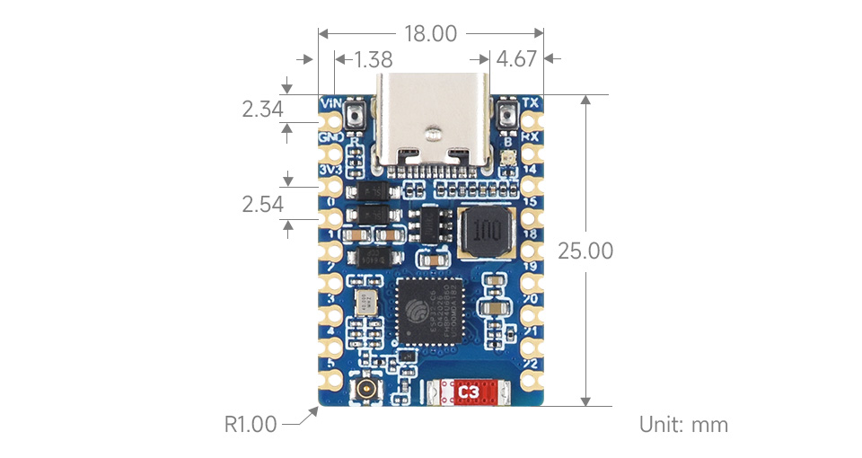 ESP32-C6-Zero outline dimensions