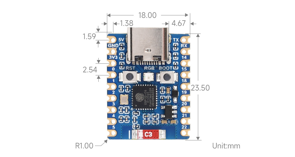 ESP32-C6-Zero outline dimensions