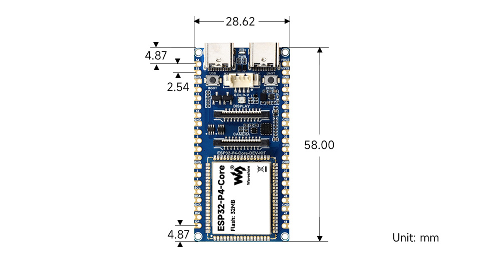 ESP32-P4-Core development board, outline dimensions