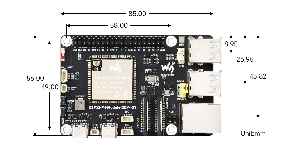 ESP32-P4-Module-DEV-KIT development board, outline dimensions