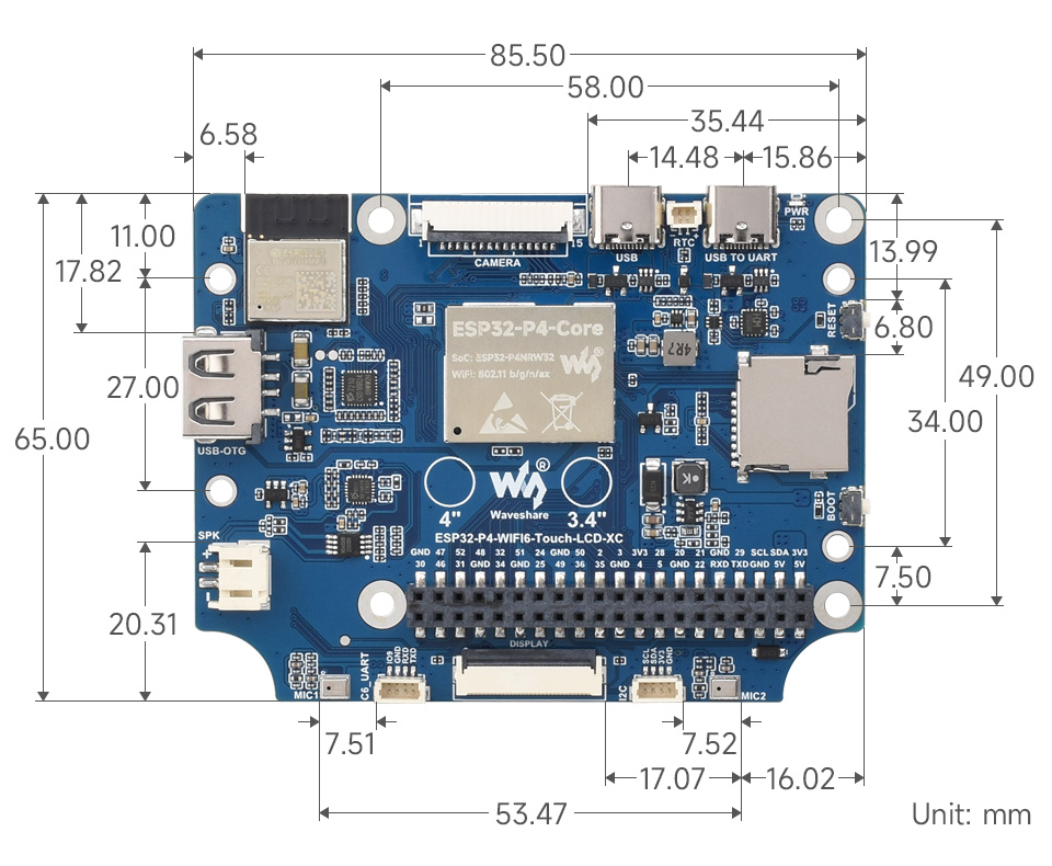 ESP32-P4-WIFI6-Touch-LCD development board dimensions