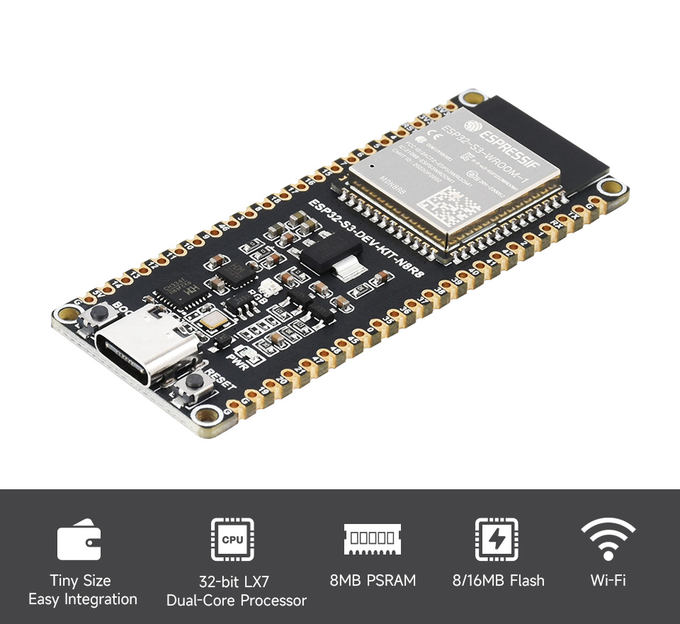 ESP32-S3 Microcontroller, 2.4GHz Wi-Fi Development Board, 240MHz Dual Core  Processor, ESP32-S3-WROOM-1-N8R8 Module