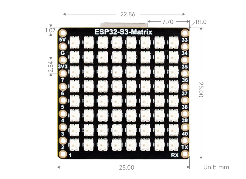 ESP32-S3-Matrix Development Board outline dimensions