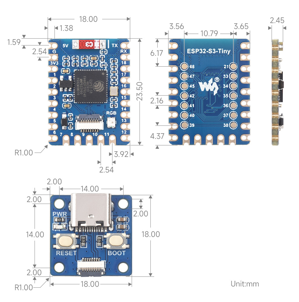 ESP32-S3-Tiny outline dimensions