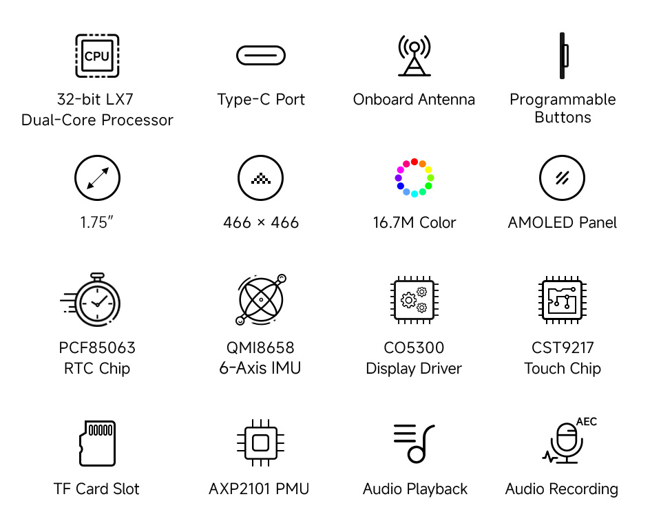ESP32-S3 1.75inch touch display development board, features