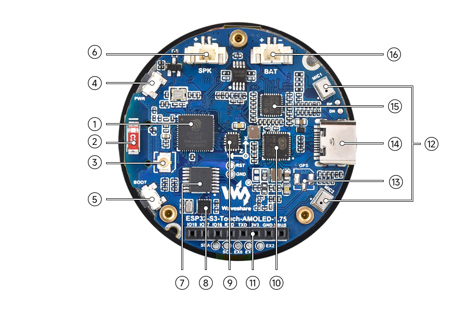 ESP32-S3 1.75inch touch display development board, onboard components