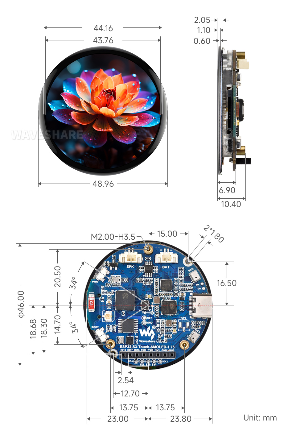 ESP32-S3 1.75inch touch display development board, outline dimensions