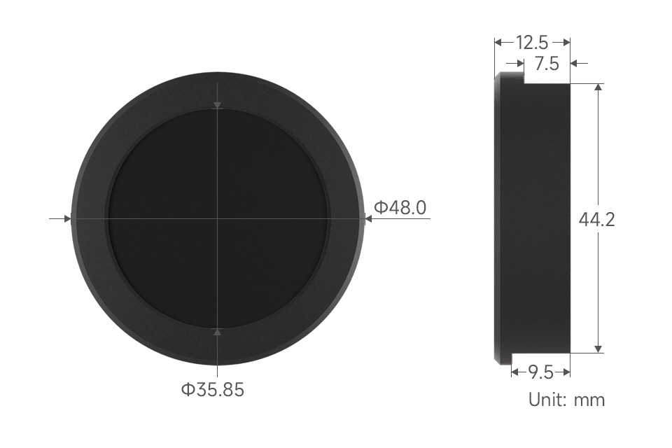 ESP32-S3 Touch LCD outline dimensions with black metal case