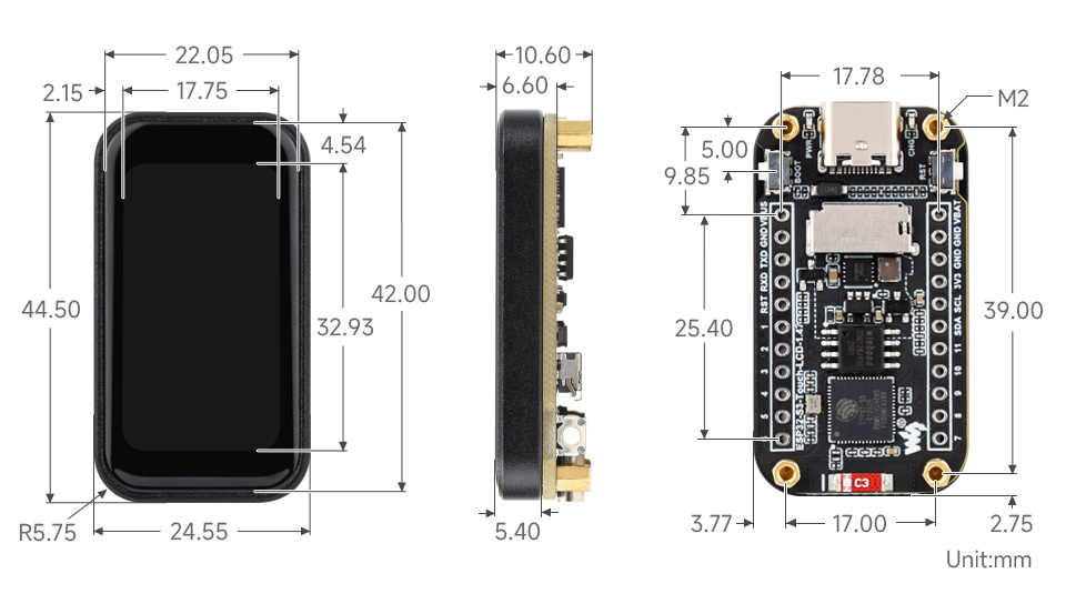 ESP32-S3 1.47inch Touch Display Development Board, outline dimensions