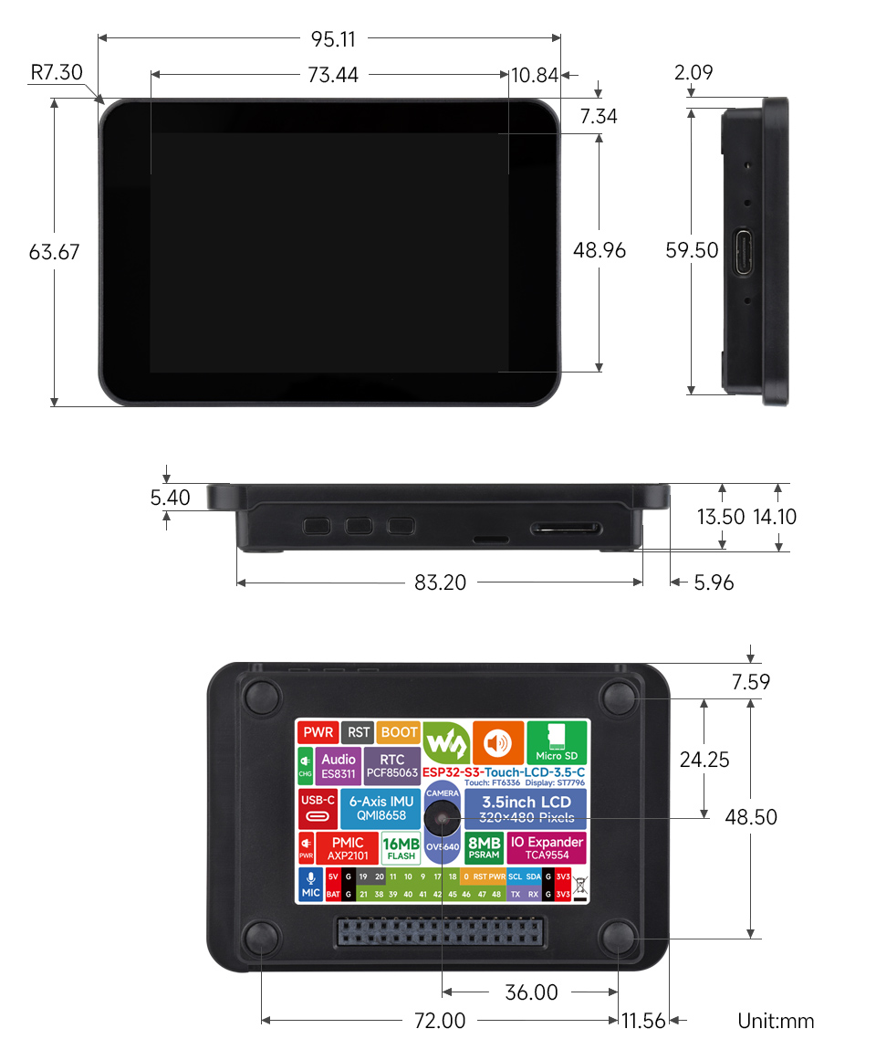 ESP32-S3-Touch-LCD-3.5-C, outline dimensions