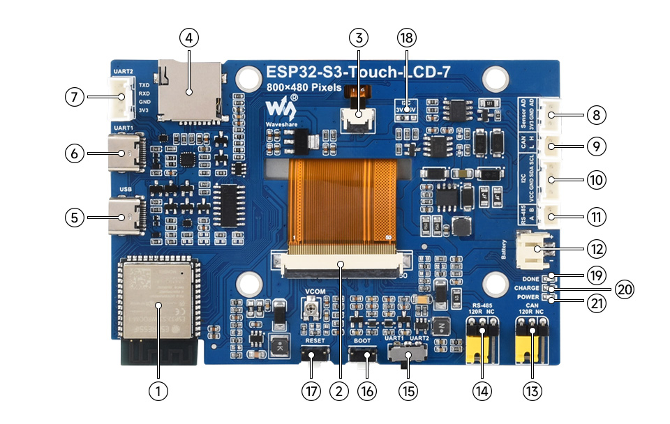 ESP32-S3 7inch touch display development board, onboard components