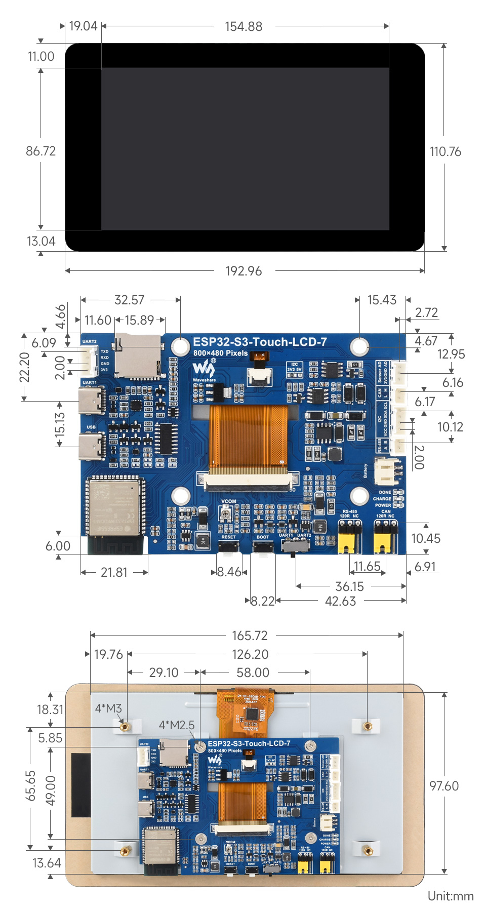 ESP32-S3 7inch touch display development board, outline dimensions