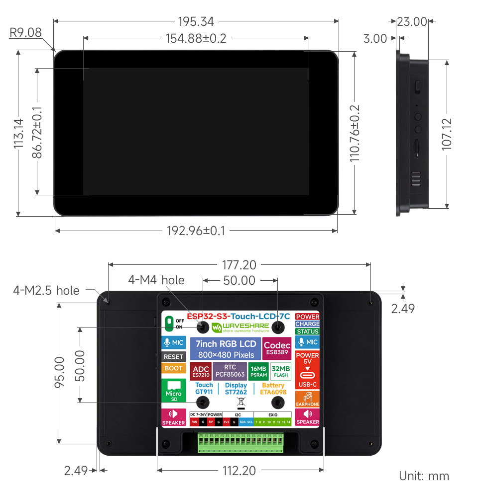 ESP32-S3 7inch Capacitive Touch Display Development Board (C), outline dimensions