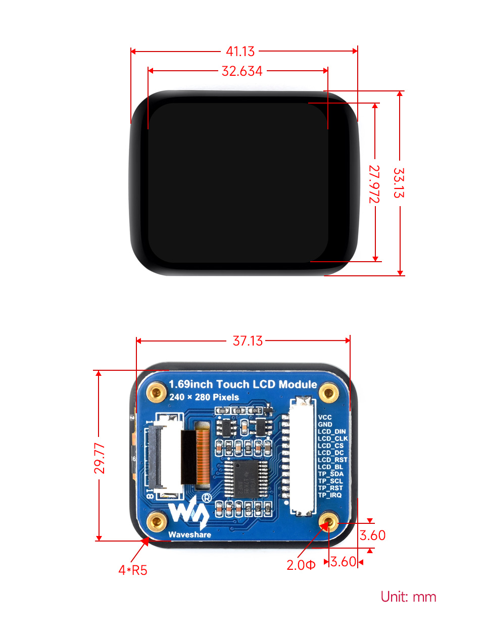 1.69inch Touch LCD display, outline dimensions