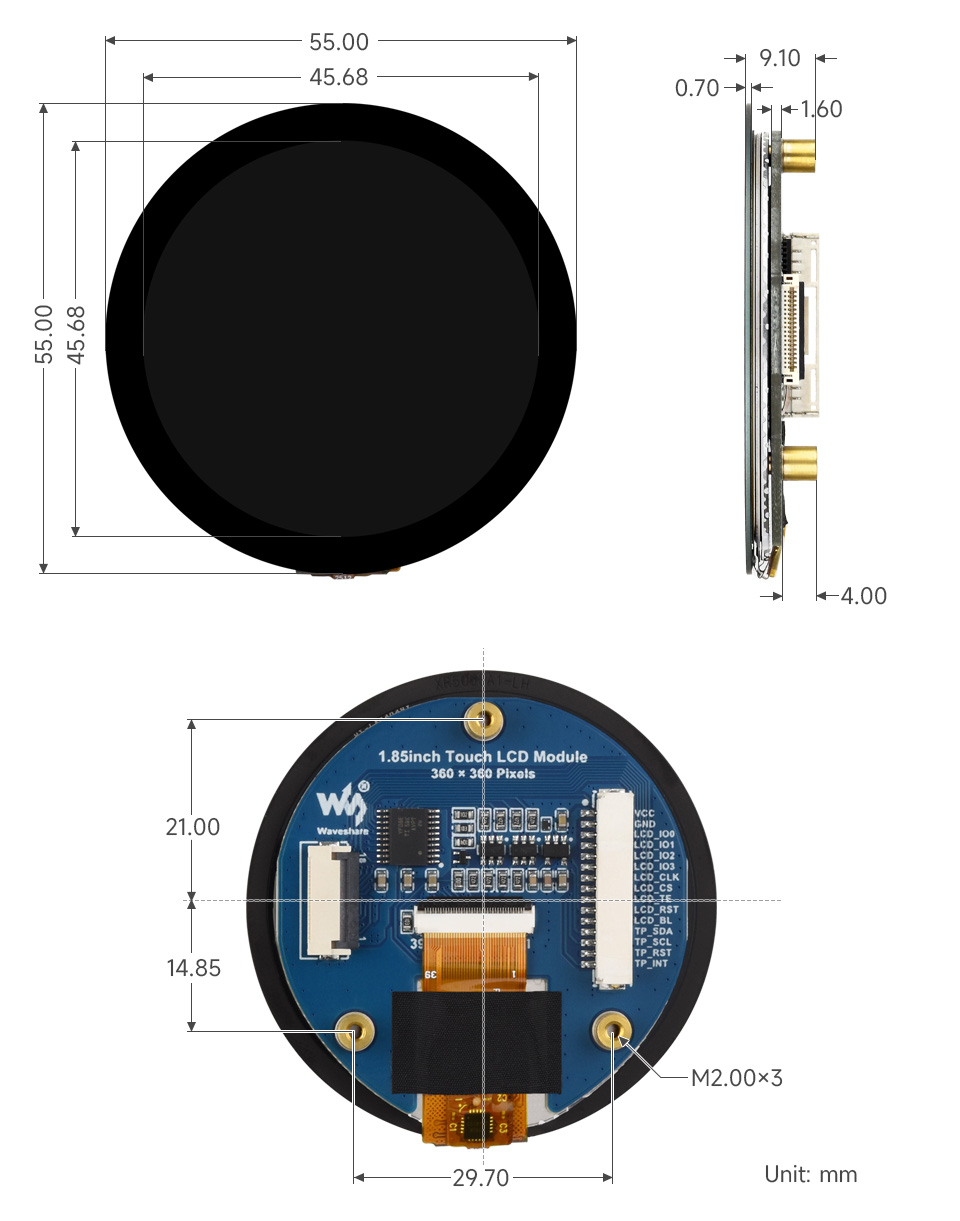 1.85inch touch LCD module outline dimensions drawing
