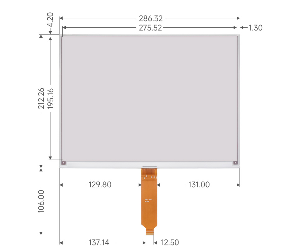 13.3inch red / black / white e-Paper display, outline dimensions