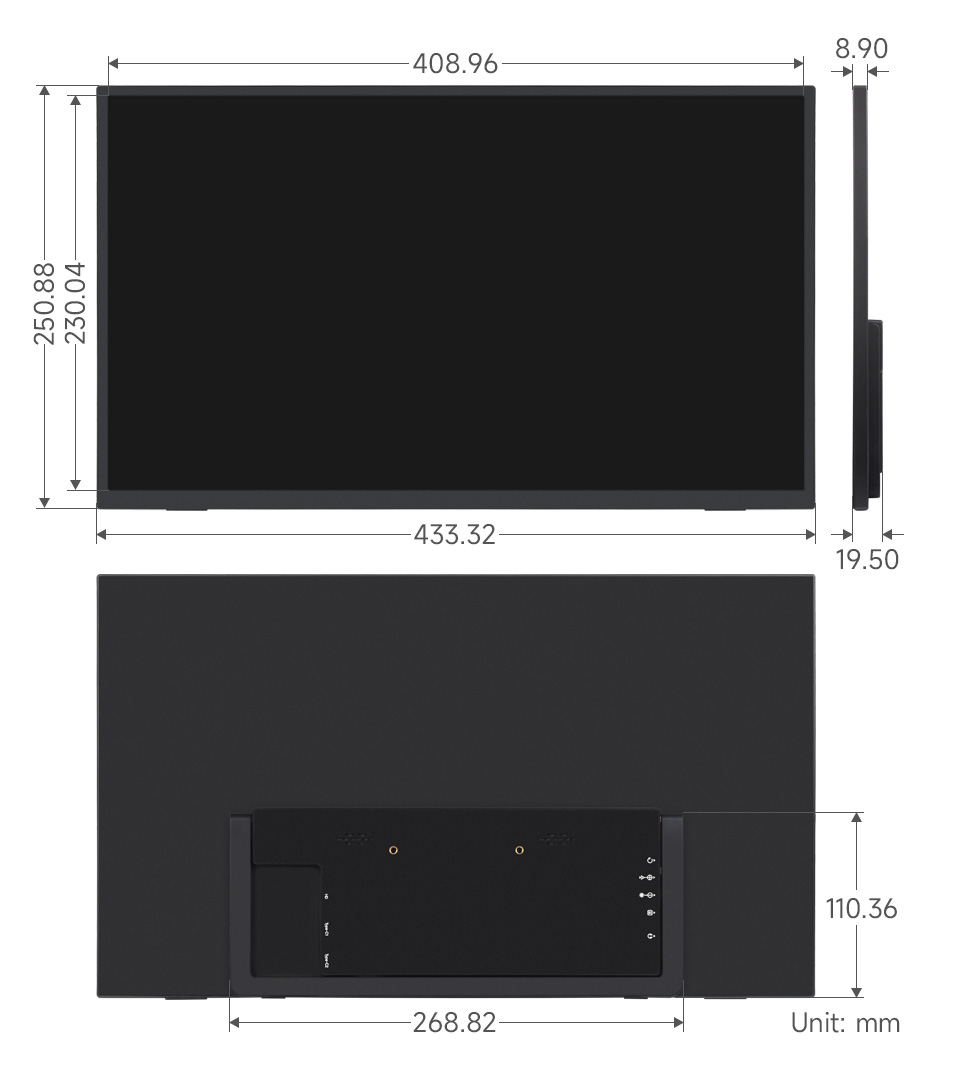 18.5inch Portable Monitor with Stand, outline dimensions