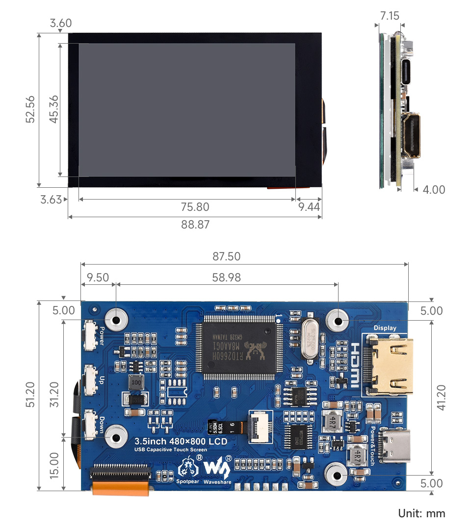 Waveshare 3.2inch HDMI IPS LCD (H), 480×800, Adjustable Brightness, No  Touch, Supports Raspberry Pi 