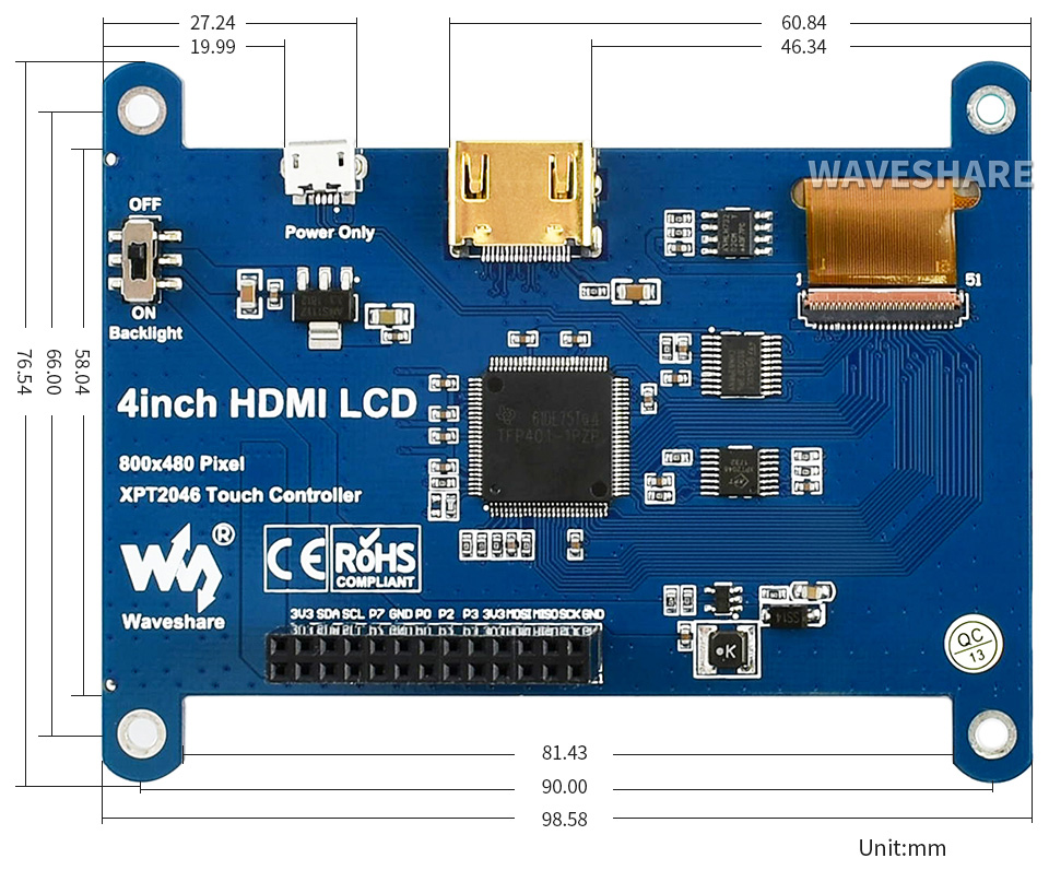 Waveshare 800x480 4.3inch HDMI LCD IPS Capacitive Touch Screen for  Raspberry Pi