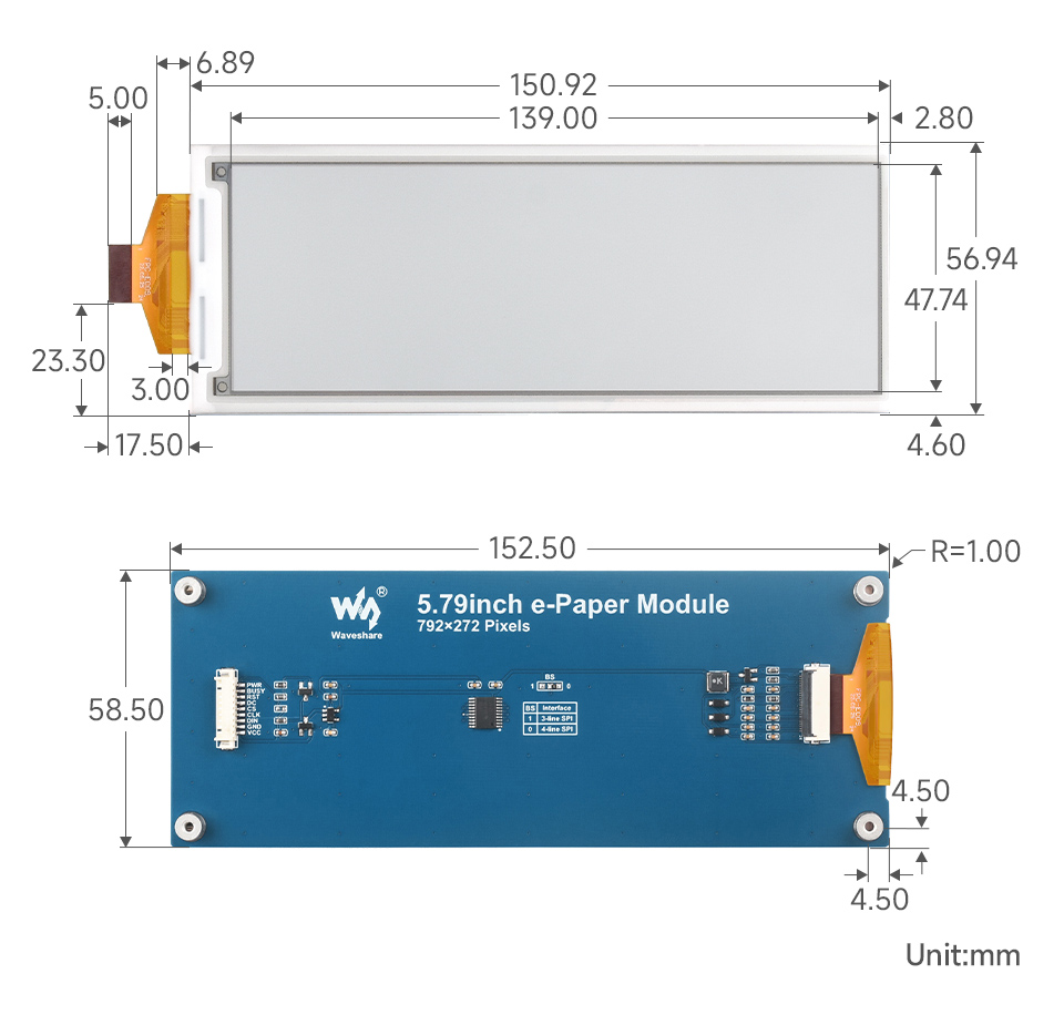5.79inch e-Paper display (G) and driver board, outline dimensions