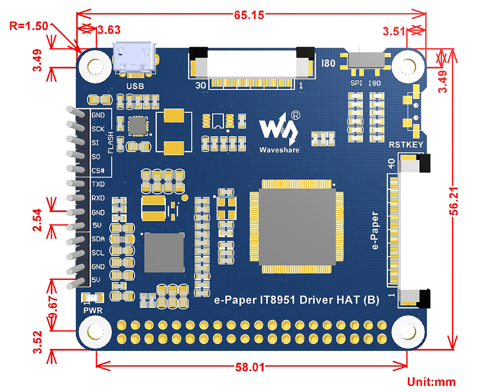 6inch HD e-Paper HAT e-Paper IT8951 Driver HAT (B) dimensions