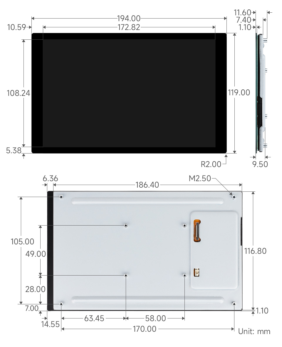 8inch capacitive touch display, outline dimensions