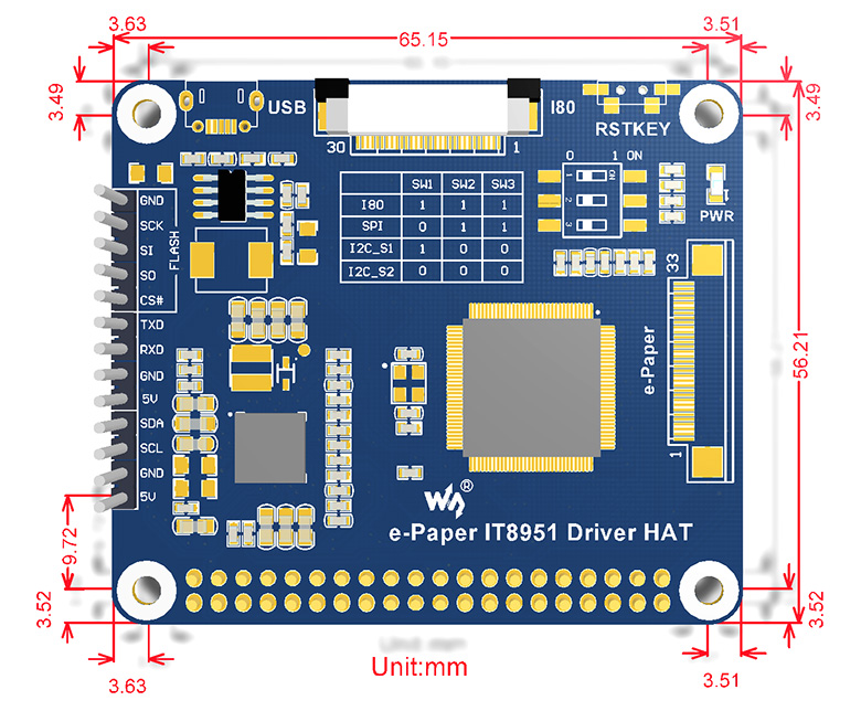 6inch e-Paper HAT e-Paper IT8951 Driver HAT dimensions