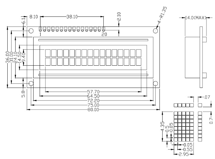 LCD1602 external dimension