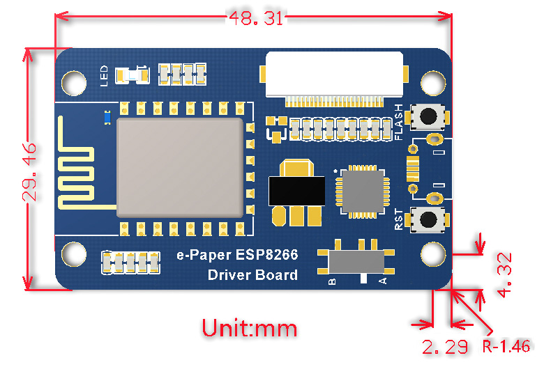 e-Paper ESP8266 Driver Board dimensions