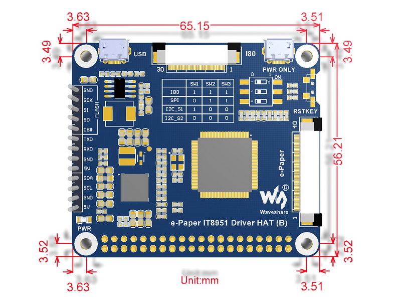 10.3inch e-Paper HAT e-Paper IT8951 Driver HAT (B) dimensions