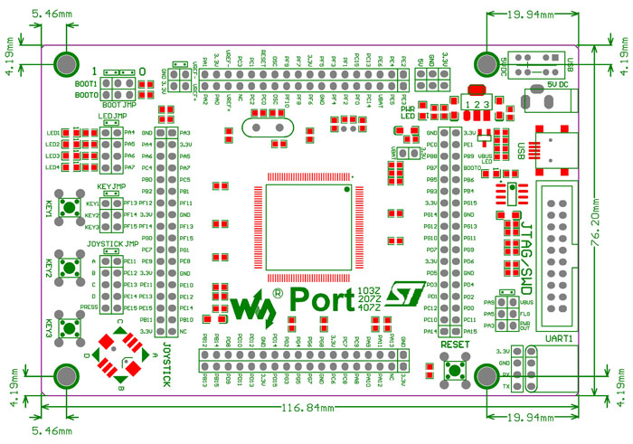 STM32 MCU core board dimensions