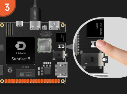 RDK X5 Development Board, First press and hold the switch of the board, and then connect it to the computer at the same time