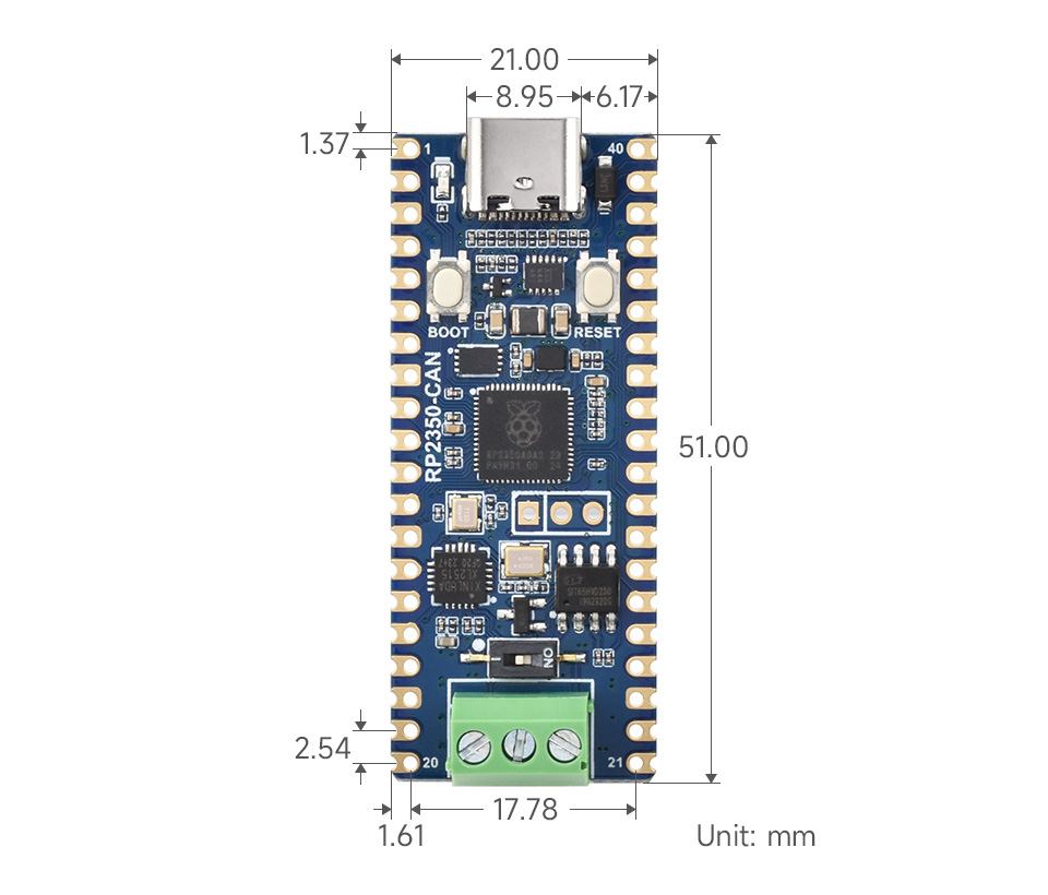 RP2350-CAN Mini Development Board, outline dimensions