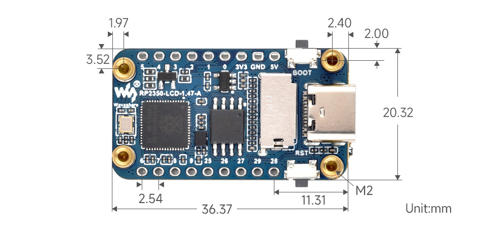 RP2350 LCD 1.47 Type-C port version, outline dimensions