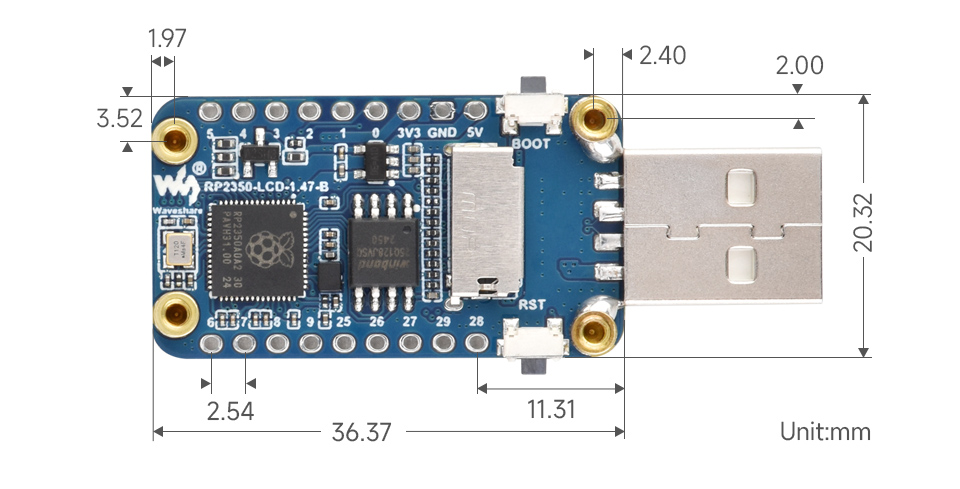 RP2350 LCD 1.47 Type-A port version, outline dimensions